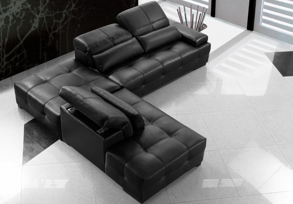 Black Leather Sectional Sofa with Adjustable Headrests Modern Living Room Los Angeles by