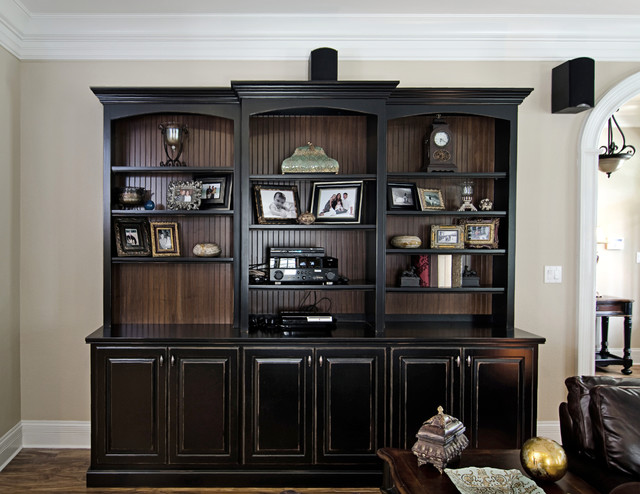 Black Painted Bookcase with beadboard interior Traditional