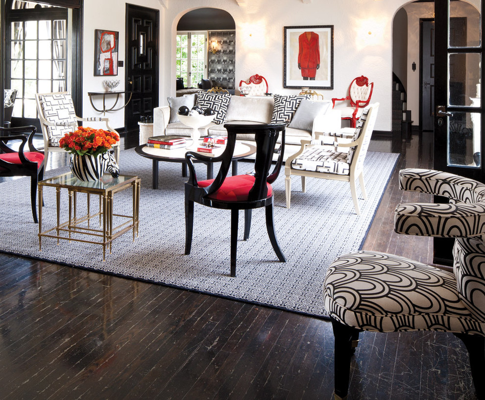 Photo of a bohemian living room in San Francisco with dark hardwood flooring.