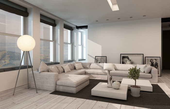 Пример оригинального дизайна: большая парадная, открытая гостиная комната в современном стиле с серыми стенами и деревянным полом без камина, телевизора