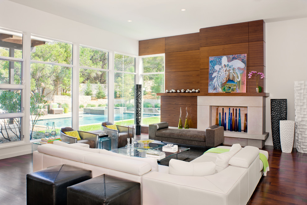 Repräsentatives, Offenes Modernes Wohnzimmer mit weißer Wandfarbe, Kamin, braunem Holzboden und Kaminumrandung aus Stein in Austin