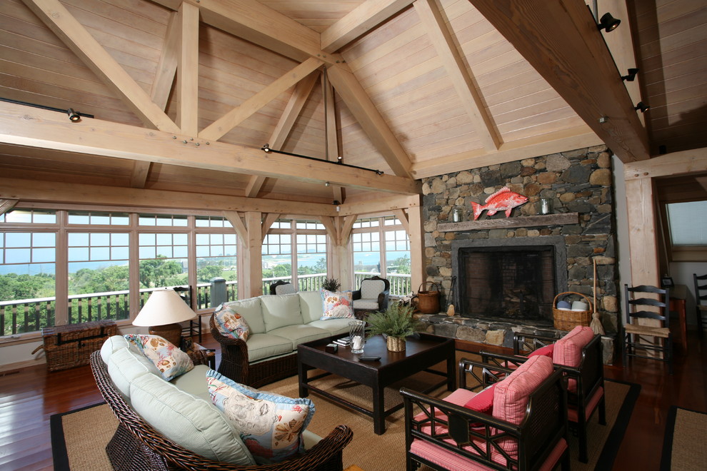 Living room - traditional open concept living room idea in Providence with a stone fireplace and no tv