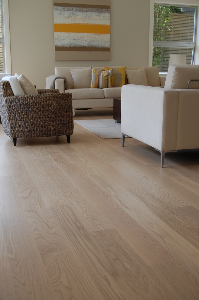 Photo of a modern open plan living room in Auckland with light hardwood flooring.