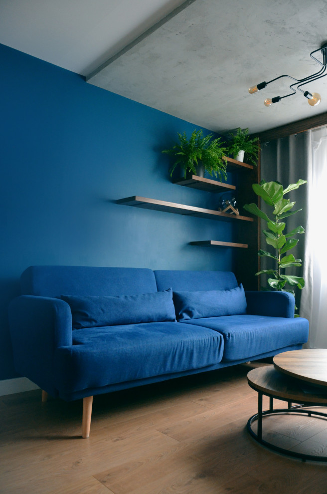 На фото: маленькая парадная, изолированная гостиная комната в стиле лофт с синими стенами, полом из ламината, двусторонним камином, фасадом камина из бетона, телевизором на стене, коричневым полом и многоуровневым потолком для на участке и в саду