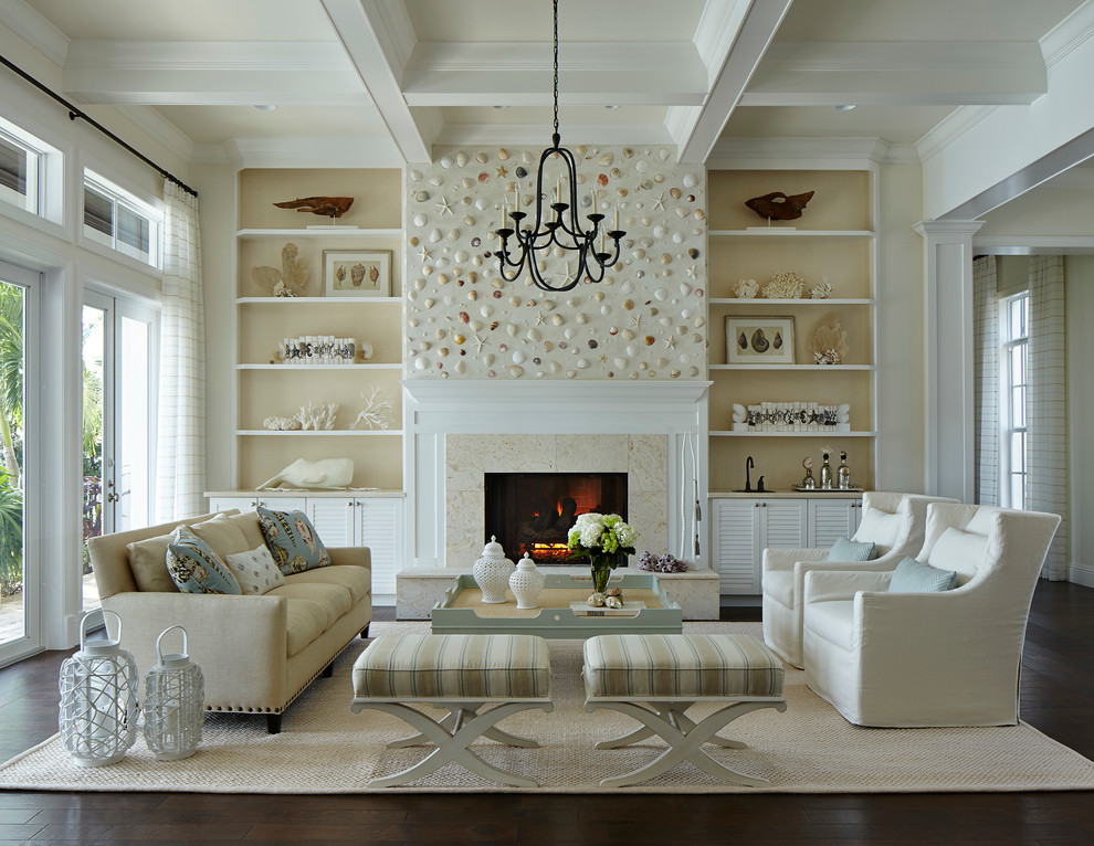 Inspiration for a coastal formal living room remodel in Miami with a standard fireplace and a stone fireplace