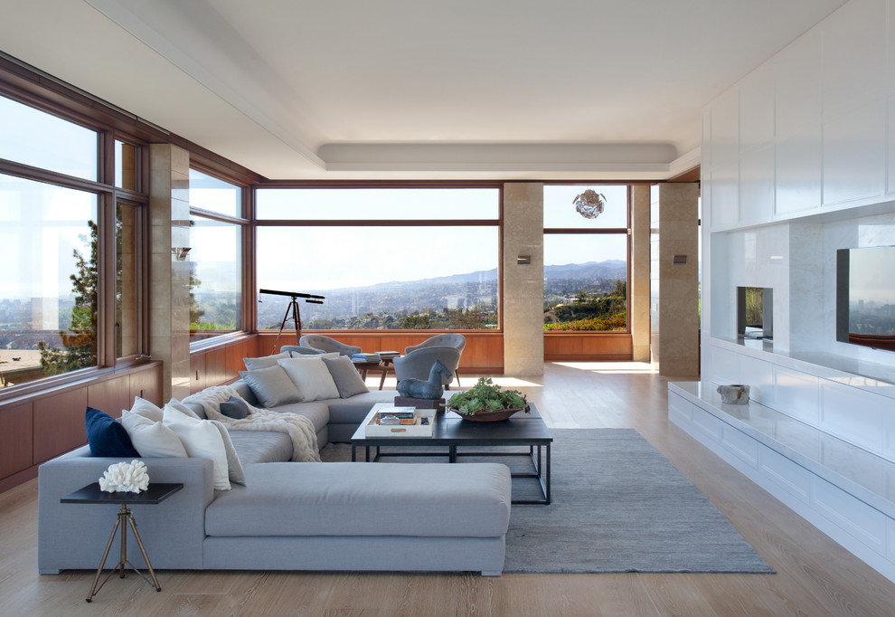 Example of a transitional light wood floor living room design in Los Angeles