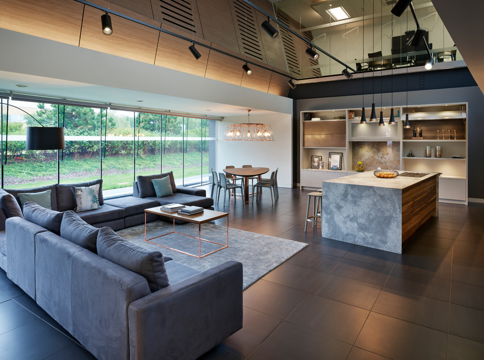 Immagine di un ampio soggiorno design con pavimento con piastrelle in ceramica e pavimento nero