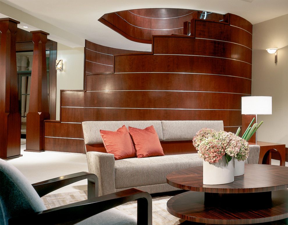 Ispirazione per un grande soggiorno design aperto con sala formale, pareti marroni e pavimento bianco