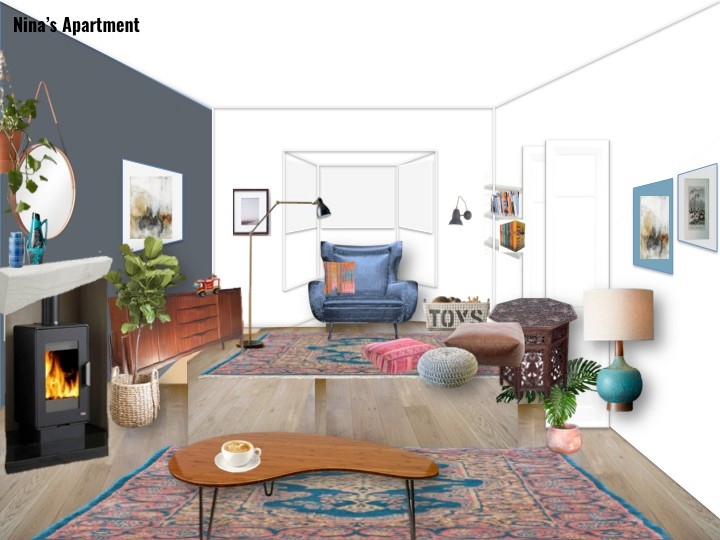 Mittelgroßes, Abgetrenntes Eklektisches Wohnzimmer mit grauer Wandfarbe, hellem Holzboden, Kaminofen, Kaminumrandung aus Holz und TV-Wand in Sonstige