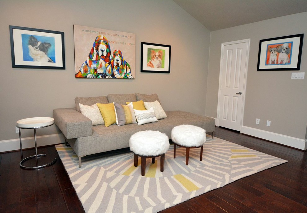 Medium sized contemporary mezzanine living room in Houston with grey walls, medium hardwood flooring, no fireplace, no tv and brown floors.