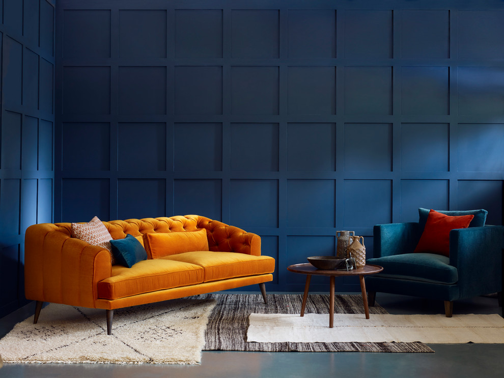 Idéer för ett stort modernt separat vardagsrum, med ett finrum, blå väggar och betonggolv