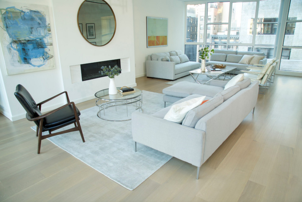 Großes, Repräsentatives, Fernseherloses, Offenes Modernes Wohnzimmer mit weißer Wandfarbe, hellem Holzboden, Gaskamin, verputzter Kaminumrandung und braunem Boden in Wilmington