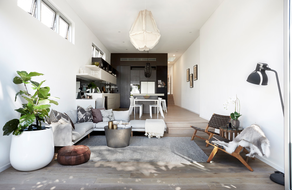 Kleines, Offenes Modernes Wohnzimmer mit weißer Wandfarbe, hellem Holzboden und braunem Boden in Sydney
