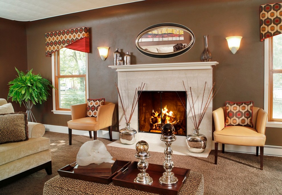 Mid-sized transitional formal and open concept carpeted and brown floor living room photo in Cincinnati with brown walls, a standard fireplace, a stone fireplace and no tv