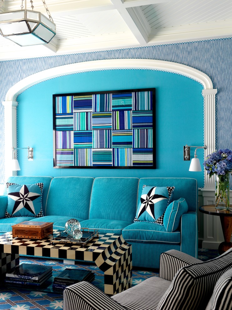 Design ideas for a contemporary formal living room in Boston with blue walls.