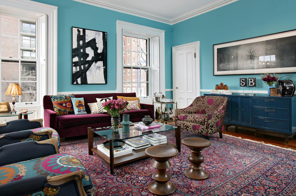 Living room - eclectic living room idea in Boston with blue walls