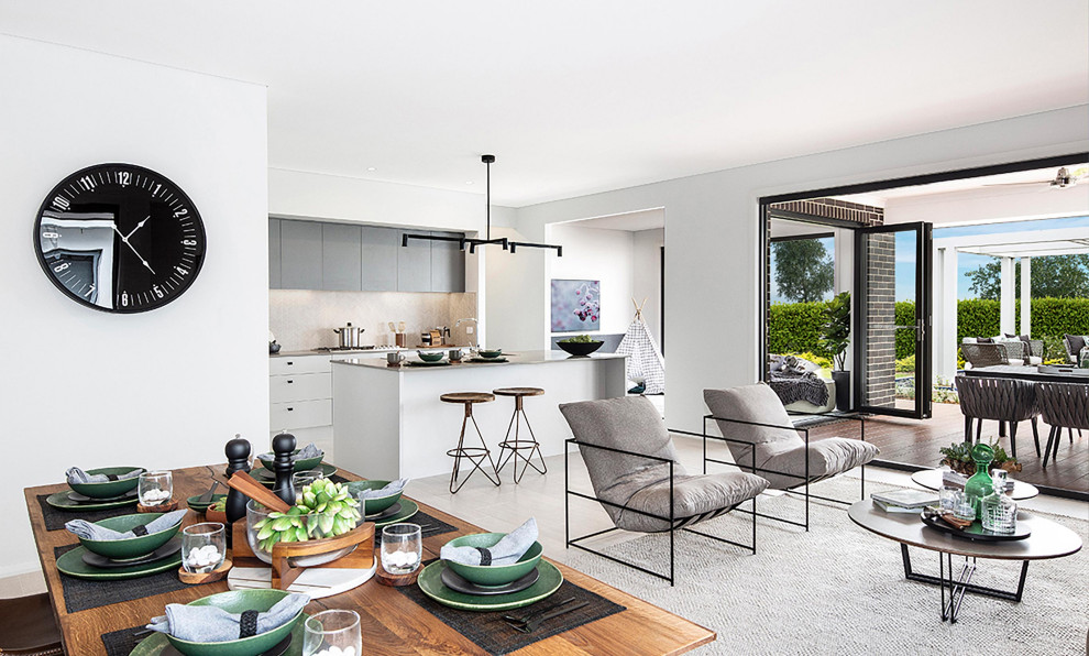Mittelgroßes, Offenes Modernes Wohnzimmer mit weißer Wandfarbe, Keramikboden und grauem Boden in Wollongong