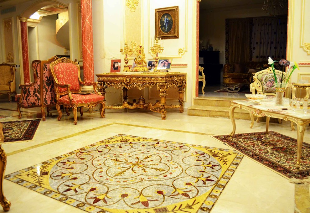 Example of a tuscan marble floor and multicolored floor living room design in Chicago