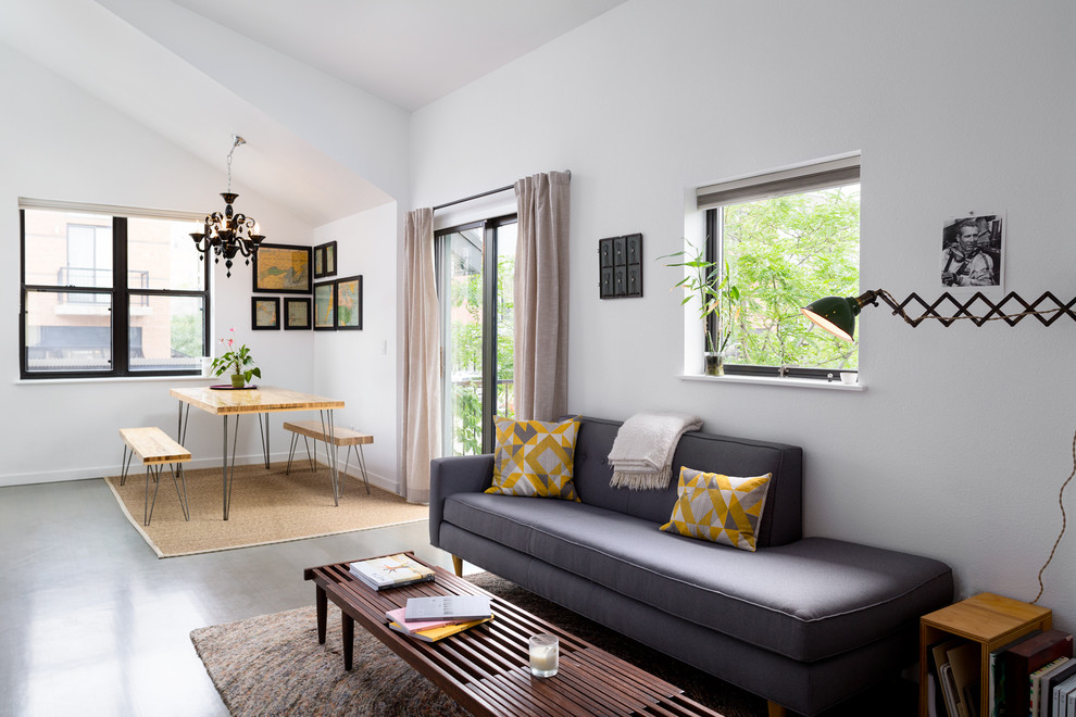 Источник вдохновения для домашнего уюта: гостиная комната в современном стиле с серым полом