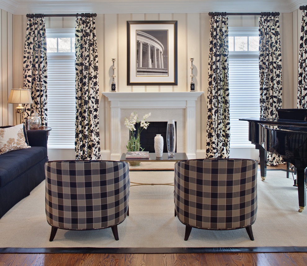Living room - contemporary living room idea in Baltimore with a music area, beige walls and a standard fireplace