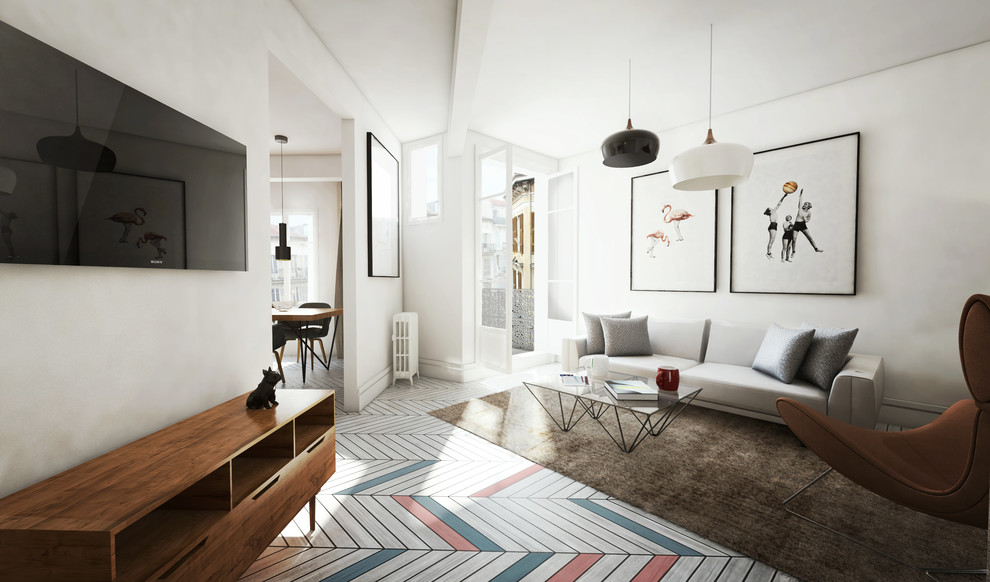 Diseño de salón abierto actual de tamaño medio sin chimenea con paredes blancas, suelo de madera clara y televisor colgado en la pared