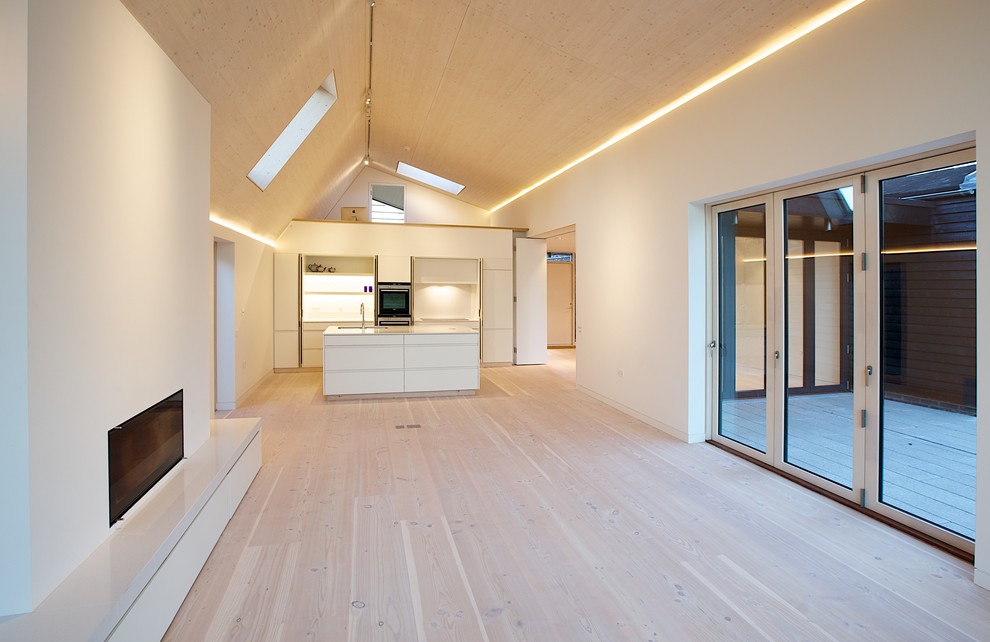 Mittelgroßes Modernes Wohnzimmer mit weißer Wandfarbe, hellem Holzboden und Kamin in London