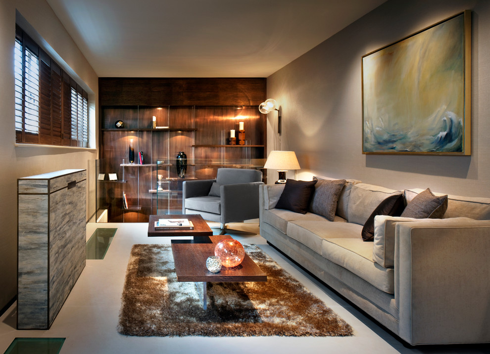 Living room - mid-sized contemporary enclosed gray floor living room idea in London with brown walls