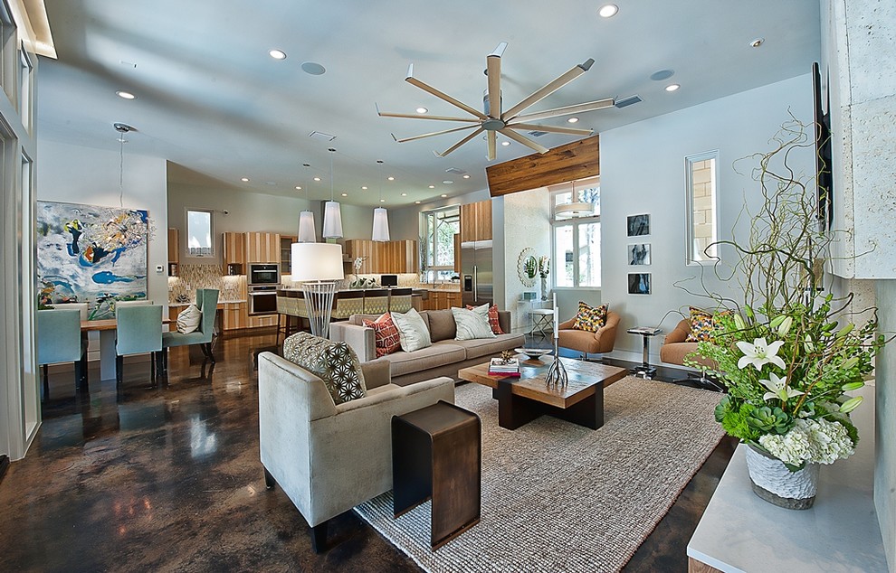 Inspiration for a contemporary concrete floor and brown floor living room remodel in Austin