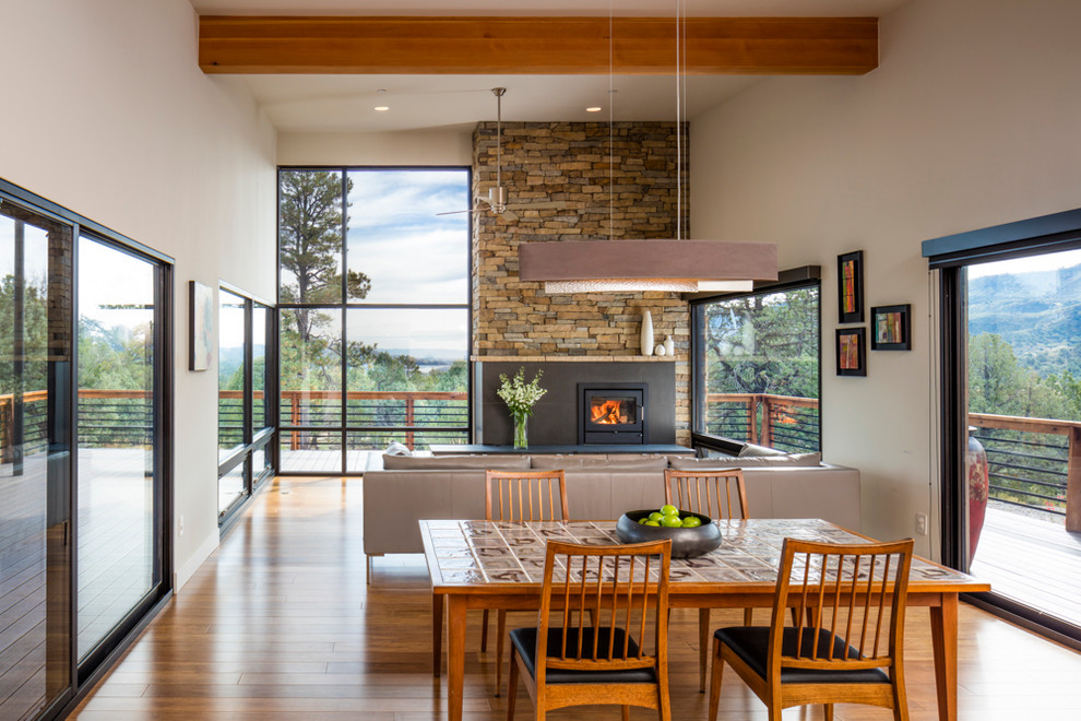 Cette photo montre une grande salle à manger moderne avec un mur blanc, un sol en bois brun, une cheminée standard et un manteau de cheminée en pierre.