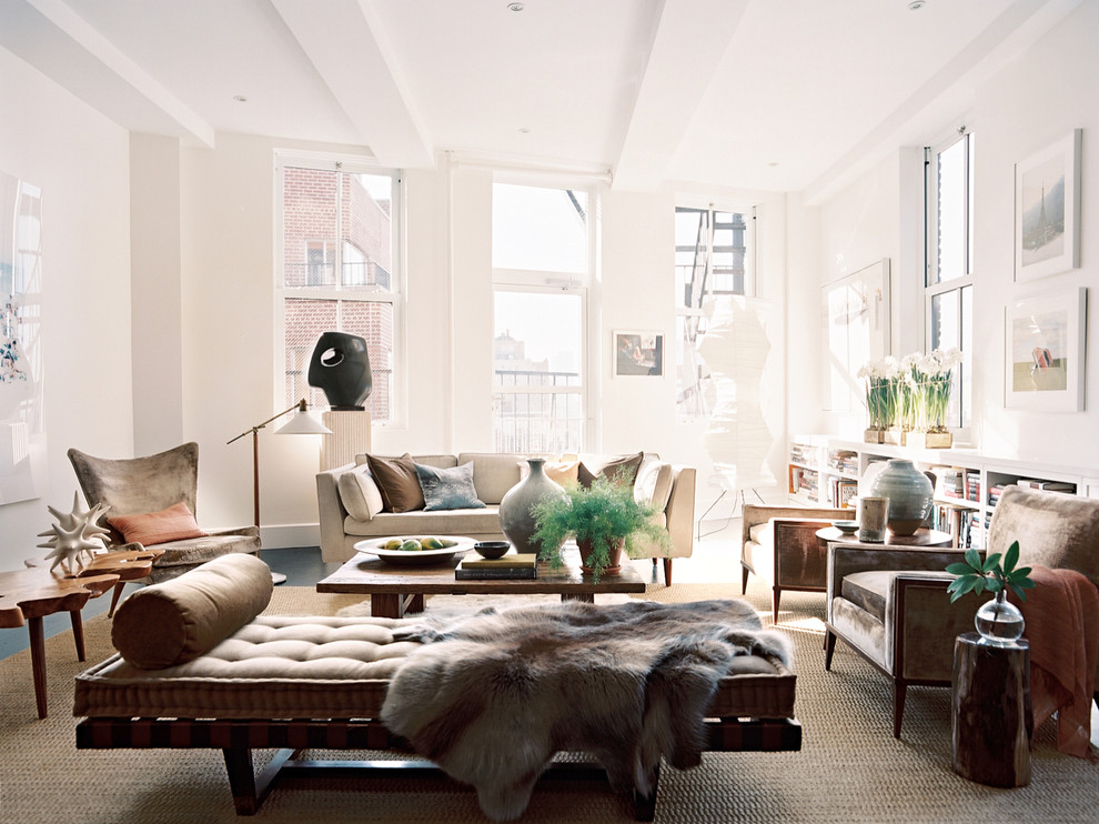 Living room - large modern living room idea in New York with white walls