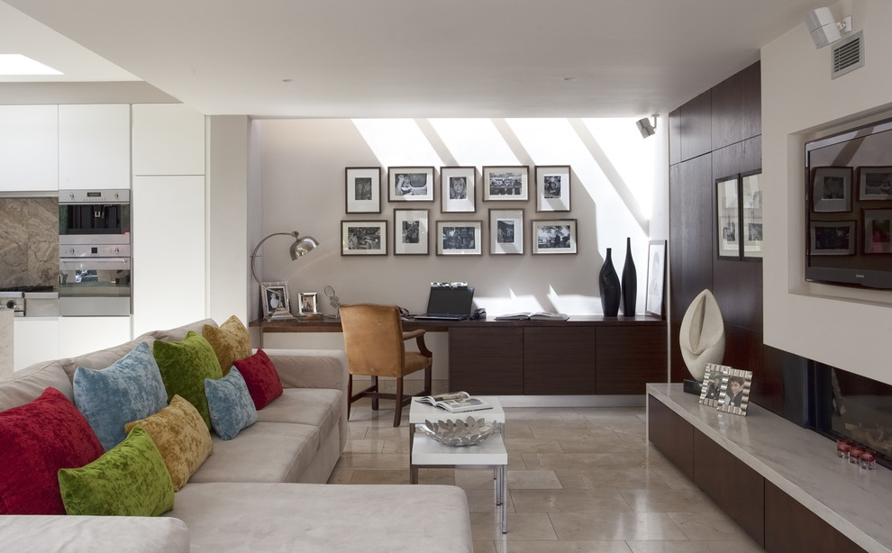 Inspiration for a contemporary open concept living room remodel in Other with a media wall