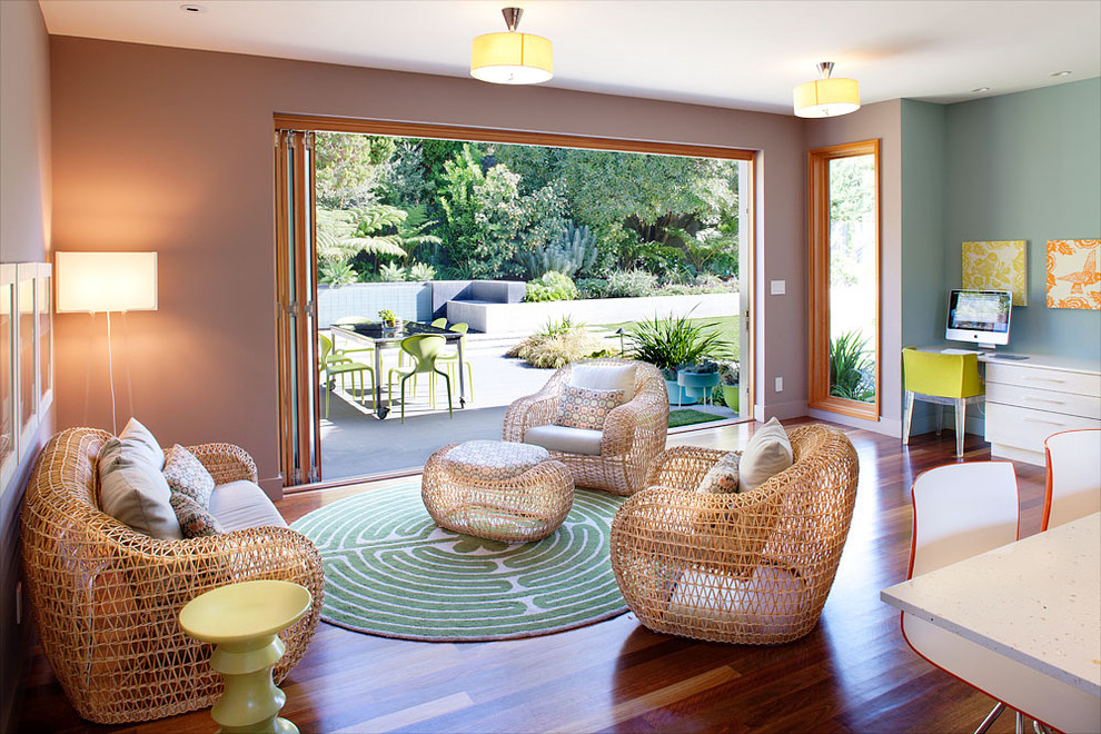 Living room - mid-sized contemporary open concept and formal medium tone wood floor and brown floor living room idea in San Francisco with purple walls, no fireplace and no tv