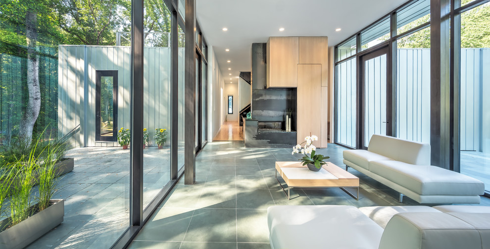 Стильный дизайн: гостиная комната в современном стиле с полом из сланца и двусторонним камином - последний тренд