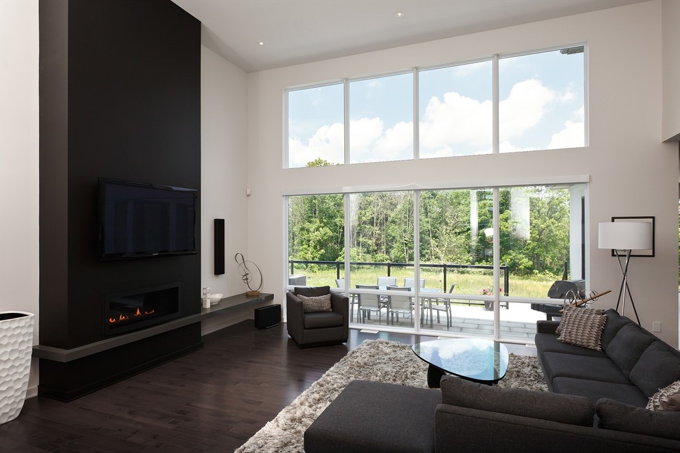 Inspiration for a contemporary living room in Toronto with a ribbon fireplace.