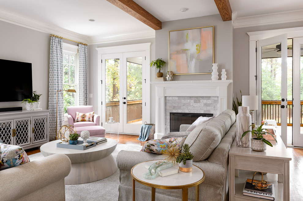 Example of a transitional formal and open concept living room design in Atlanta with a standard fireplace, a tile fireplace, gray walls and a wall-mounted tv