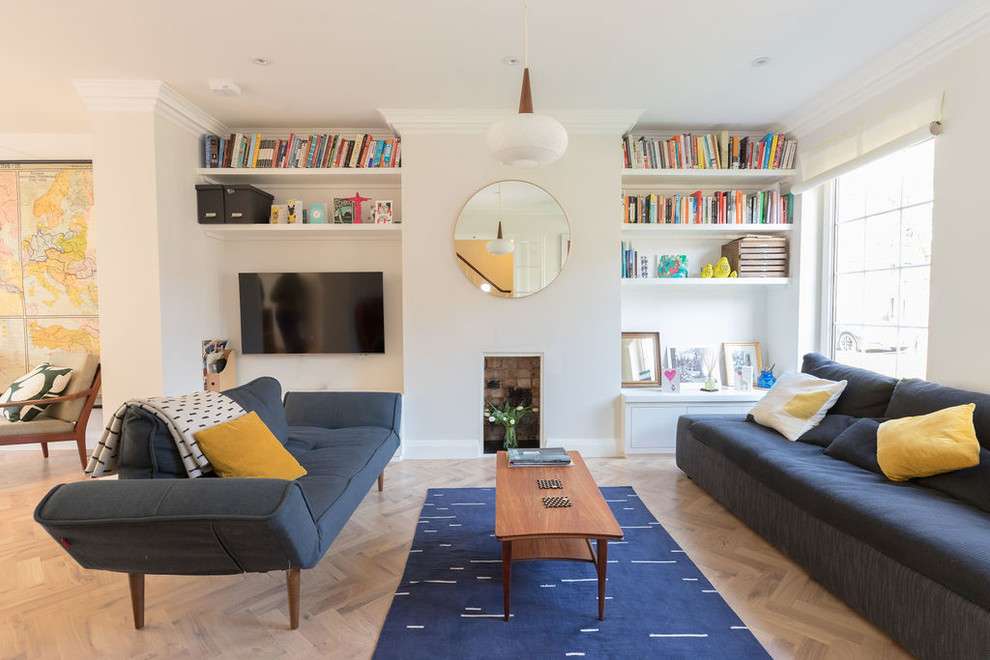 Bright Living Room With Navy Blue Sodas And Mustard Yellow Accent Cushions Contemporary Living Room London By Absolute Project Management Houzz