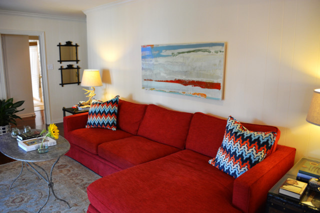 Bright Red Sofa Traditional Living Room Houston by