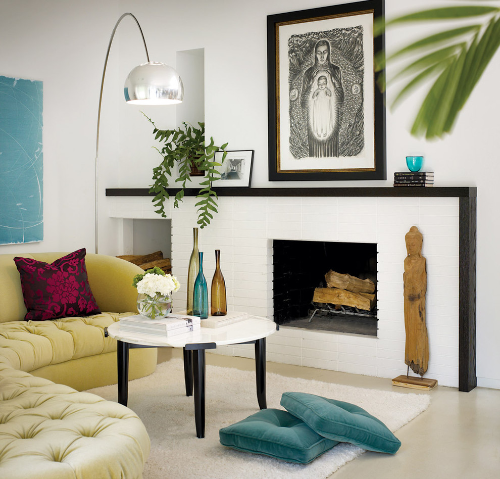 Design ideas for a contemporary living room in San Francisco with a brick fireplace surround.
