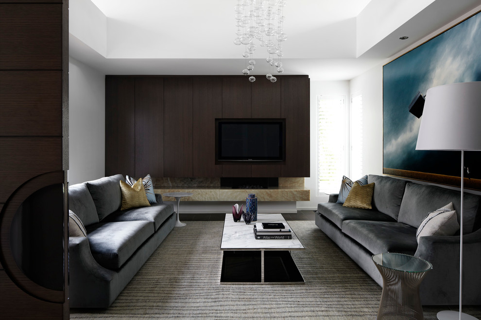 Photo of a large modern formal open plan living room in Melbourne with white walls, dark hardwood flooring, no fireplace and a wall mounted tv.