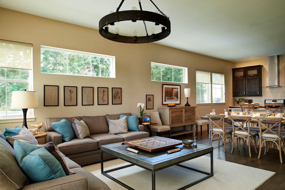 Living room - transitional formal and open concept dark wood floor living room idea in Denver with beige walls