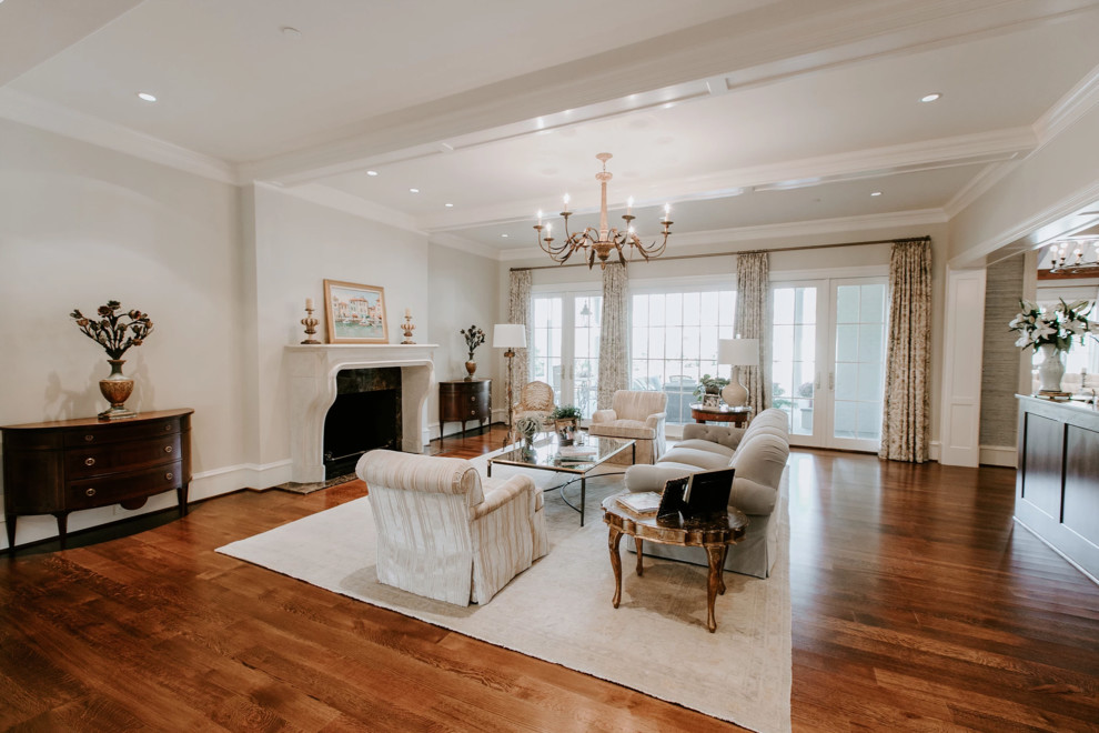 Inspiration for a large transitional formal and open concept dark wood floor and brown floor living room remodel in Baltimore with white walls, a standard fireplace, a stone fireplace and no tv