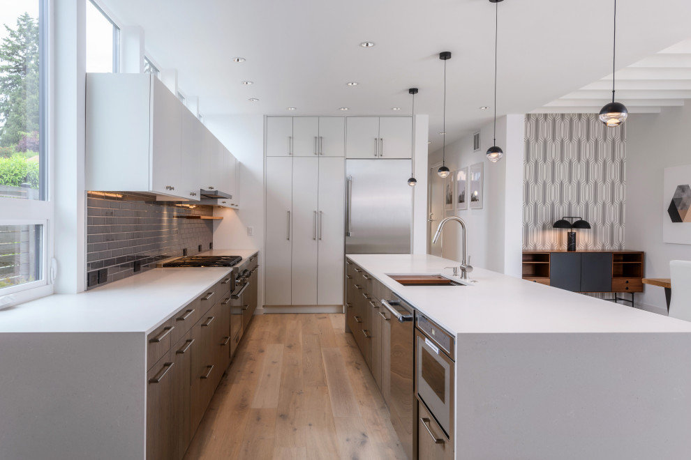 Kitchen - mid-sized modern light wood floor and white floor kitchen idea in Seattle