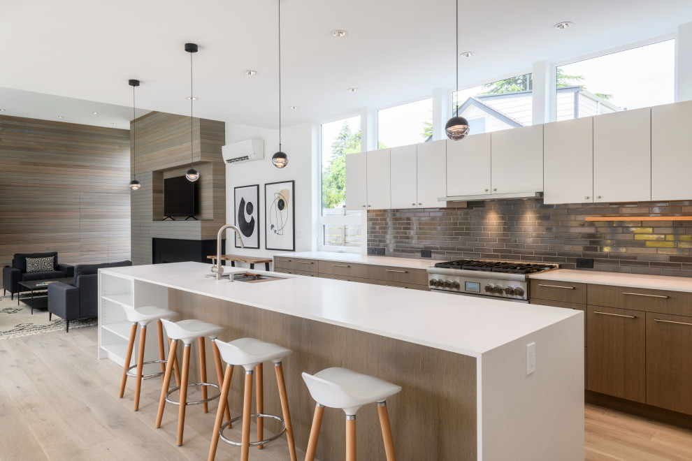 Kitchen - mid-sized contemporary light wood floor and white floor kitchen idea in Seattle