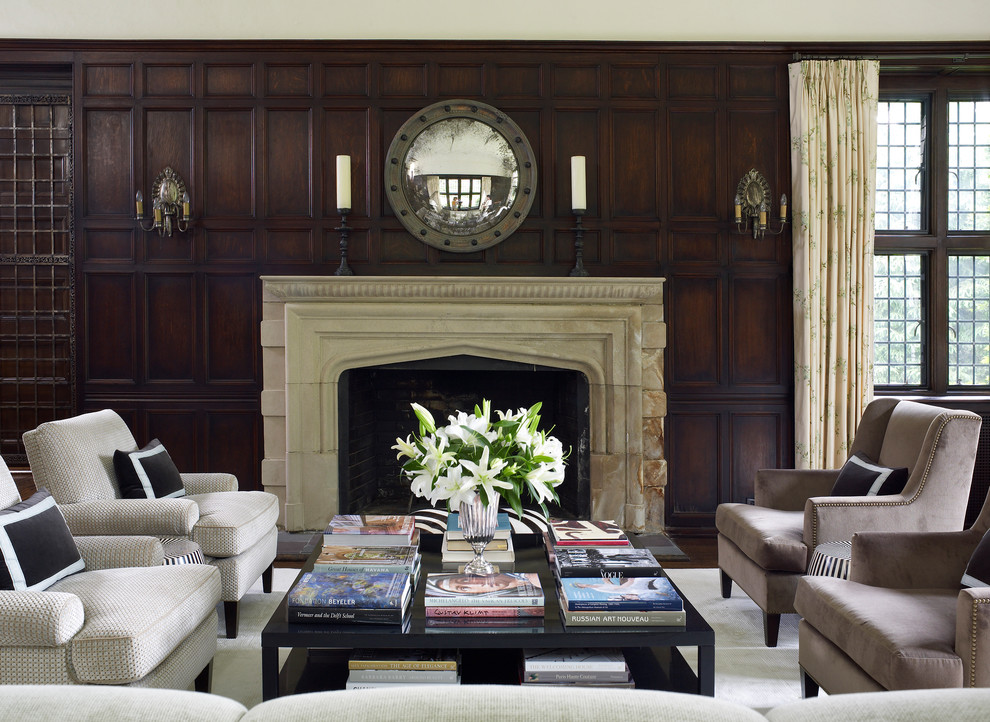 Example of a large classic formal and enclosed carpeted and white floor living room design in New York with brown walls, a standard fireplace, a stone fireplace and no tv