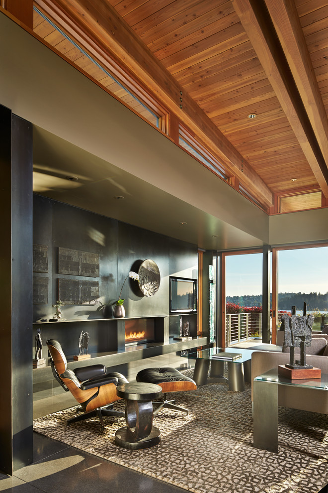 シアトルにあるラグジュアリーなコンテンポラリースタイルのおしゃれなLDK (横長型暖炉、金属の暖炉まわり、埋込式メディアウォール) の写真