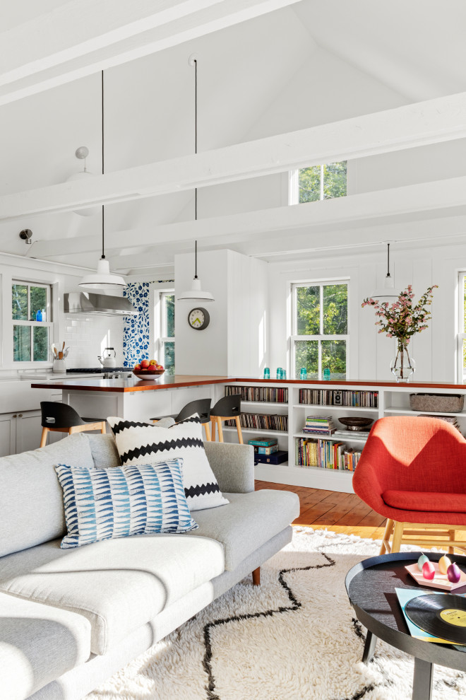 Fernseherloses, Offenes Skandinavisches Wohnzimmer mit weißer Wandfarbe, braunem Holzboden, Hängekamin und gewölbter Decke in Boston