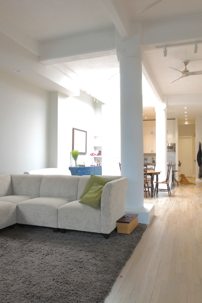Medium sized modern mezzanine living room in New York with white walls and light hardwood flooring.