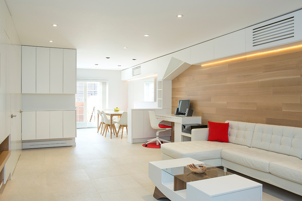 Пример оригинального дизайна: открытая гостиная комната среднего размера в стиле модернизм с полом из керамической плитки, бежевым полом и белыми стенами без телевизора, камина