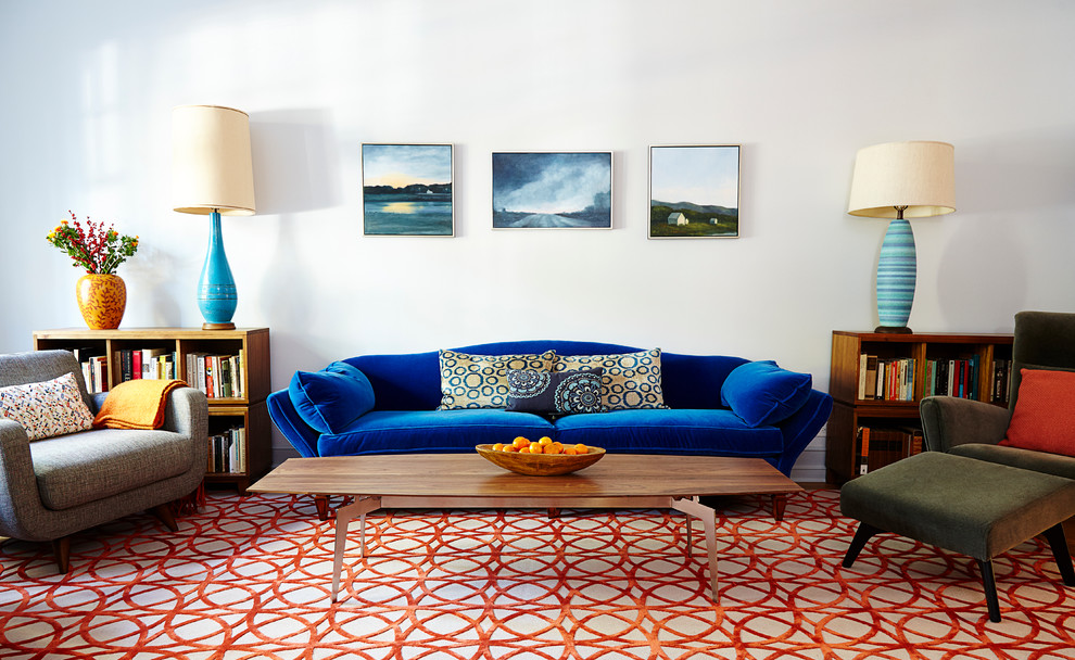 Идея дизайна: открытая, парадная гостиная комната среднего размера в современном стиле с белыми стенами и ковровым покрытием