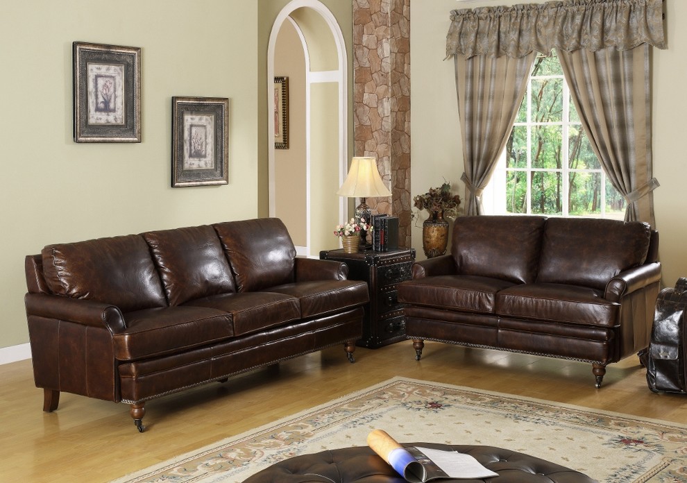 Brown Leather Sofa Transitional Living Room Singapore by Locus